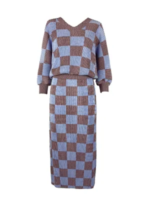 9240015 V-Neck Checked Pleats Top & Skirt Set *Last Set