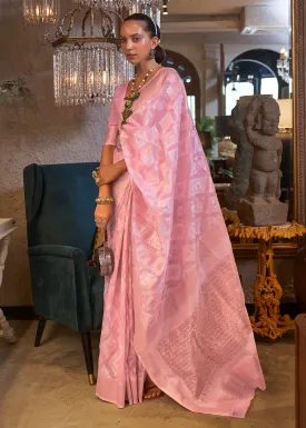 Astounding Pink Zari Weaving Linen Designer Saree