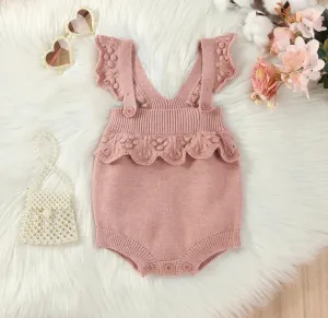 Baby Girls Dusty Rose Knit Ruffle Shoulder Romper