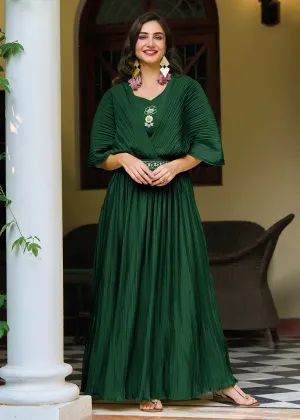 Bottle Green Chinon Party Wear Crushed Gown