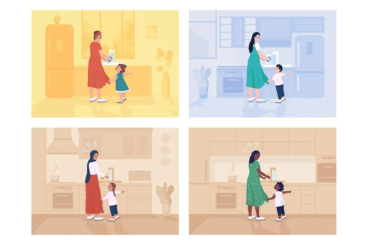 Child distracts mother flat color vector illustration set