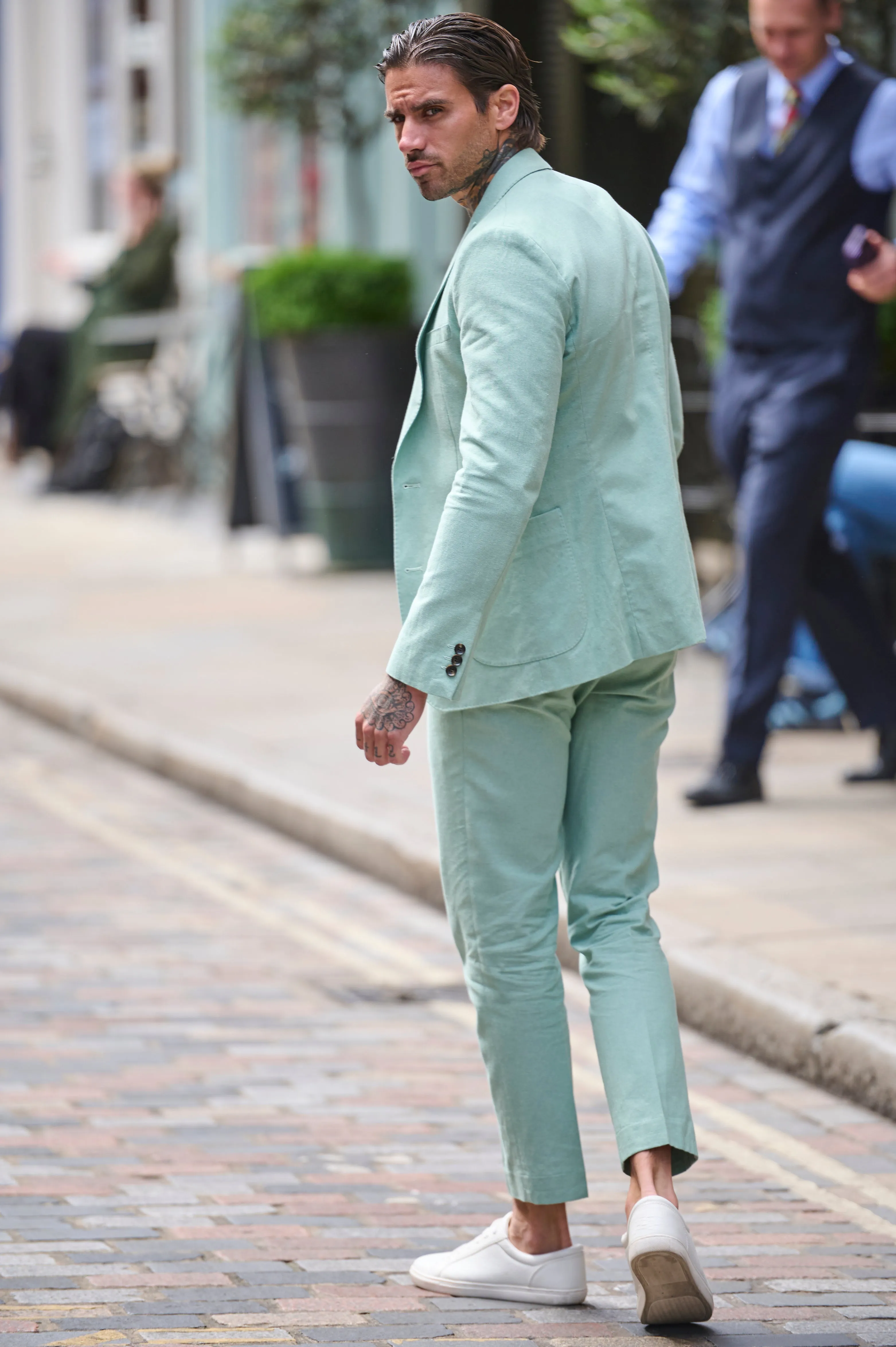 Chris Slim Fit Linen Cotton Blend Suit Smart Trousers in Pastel Green