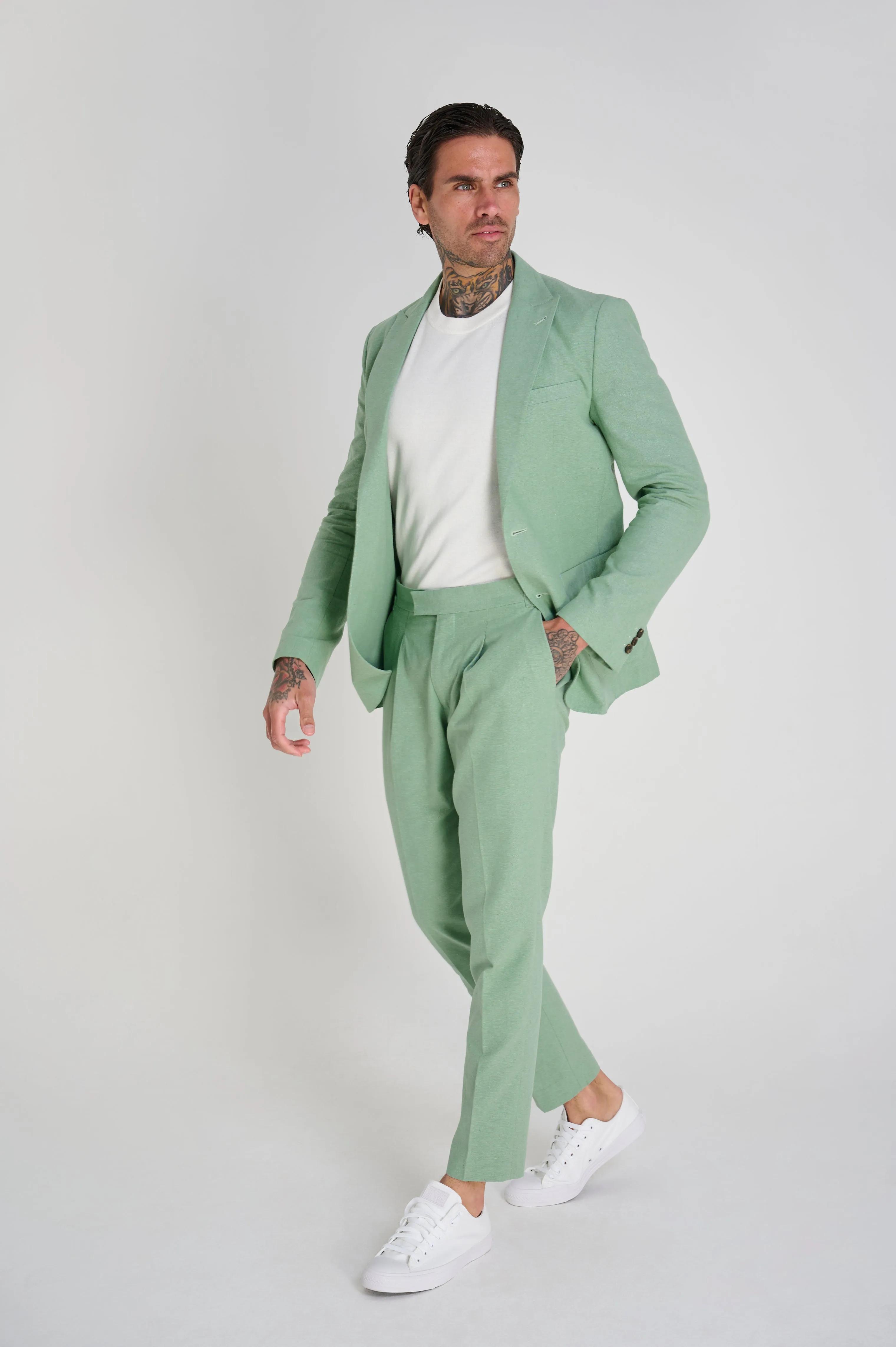 Chris Slim Fit Linen Cotton Blend Suit Smart Trousers in Pastel Green