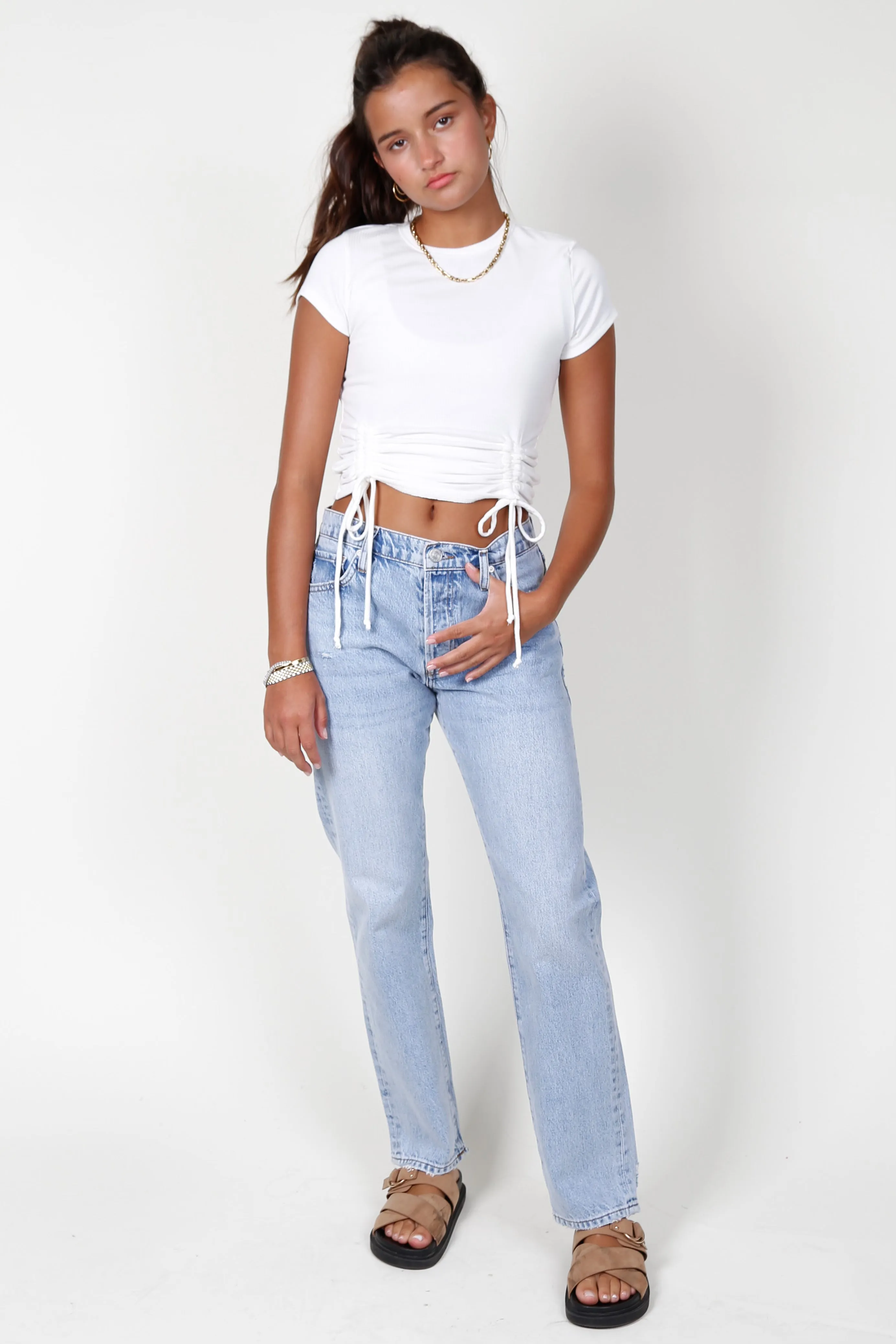 Cinched Crew Neck Top - Soft White