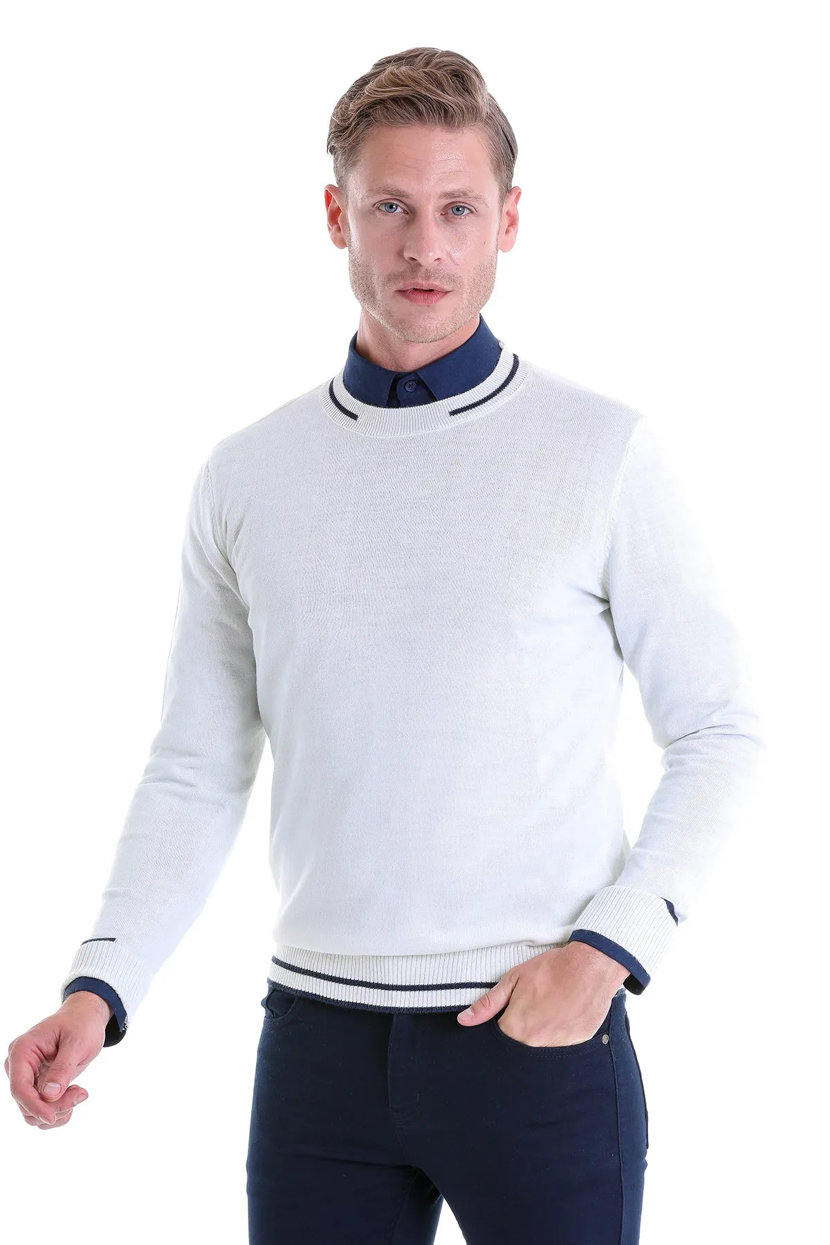 Comfort Fit Wool Blend Ecru Crewneck Sweater