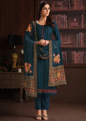 Embroidered Teal Blue Chinnon Festive Salwar Suit