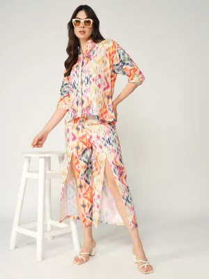 Ikat Digital Printed Loose Shirt With Slit Pant Set