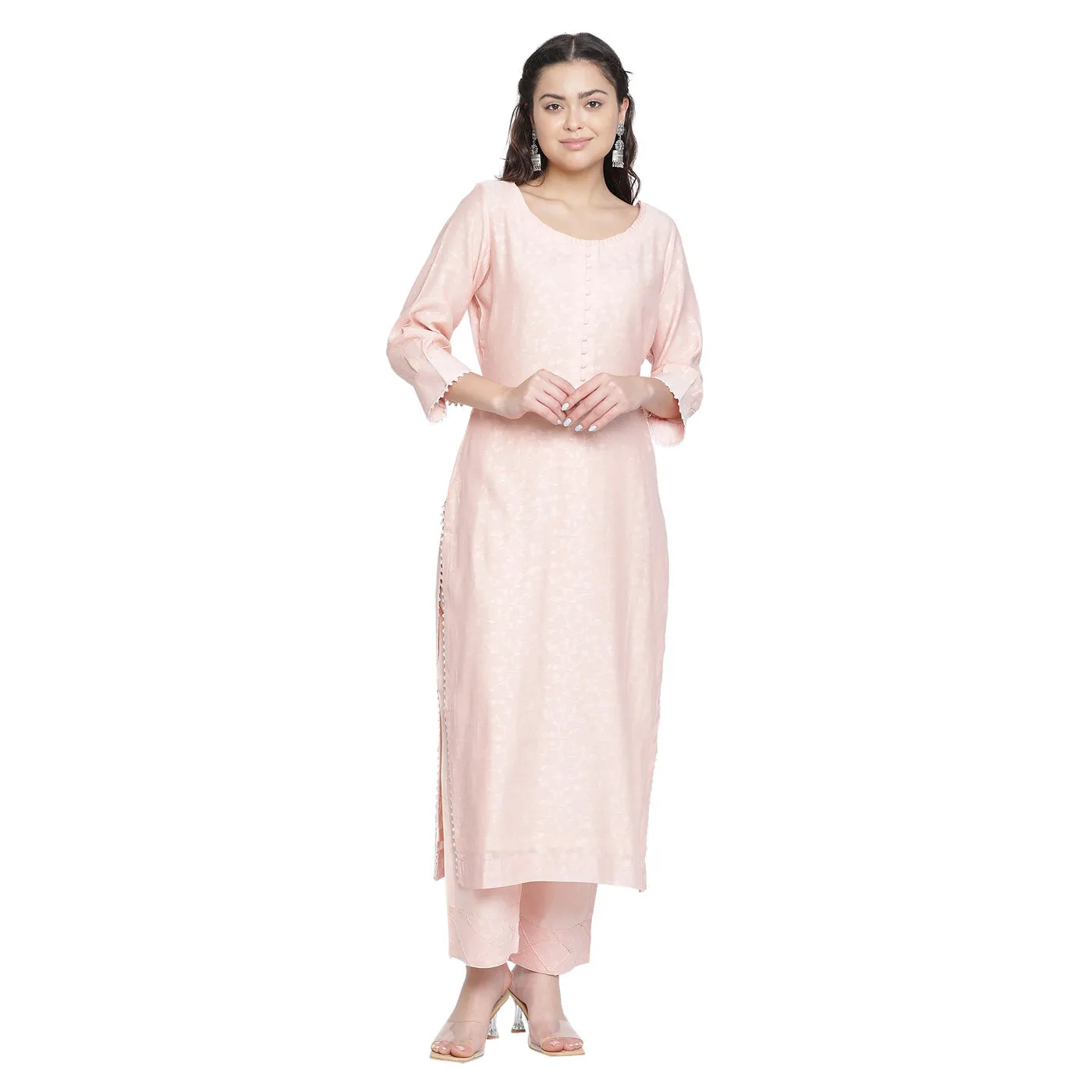 Pink Woven Design Cotton Silk Tencel Unstitched Suit Co-ords Set