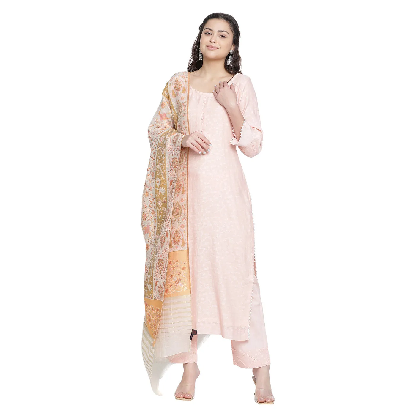 Pink Woven Design Cotton Silk Tencel Unstitched Suit Co-ords Set