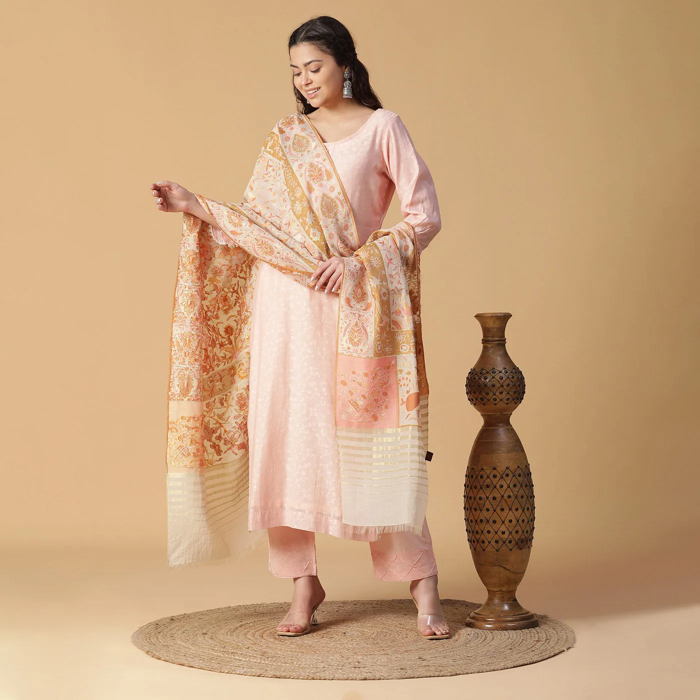 Pink Woven Design Cotton Silk Tencel Unstitched Suit Co-ords Set