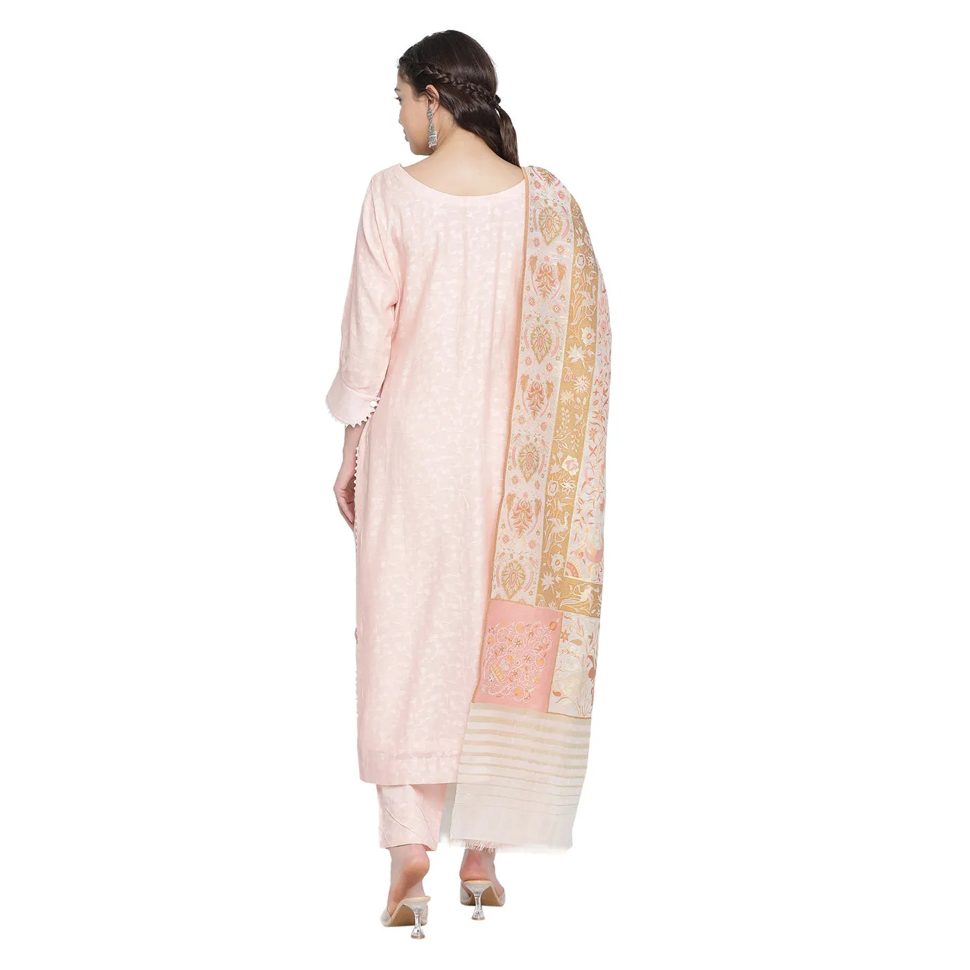 Pink Woven Design Cotton Silk Tencel Unstitched Suit Co-ords Set