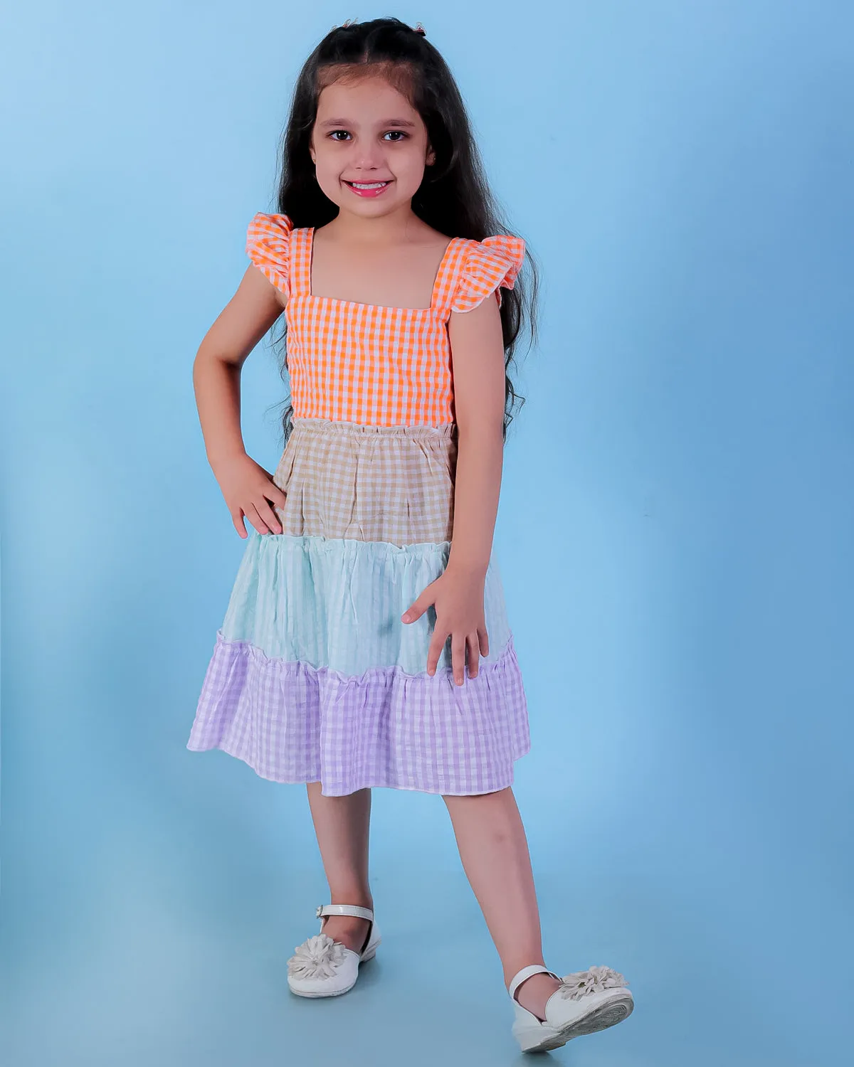 Rainbow Checkered Charm Girls Casual Dress