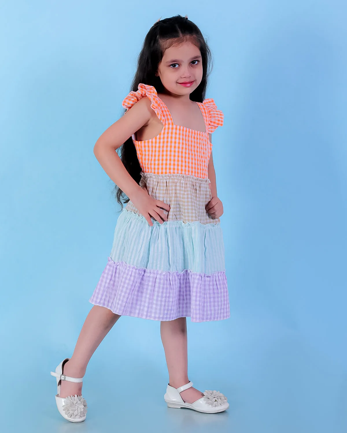 Rainbow Checkered Charm Girls Casual Dress