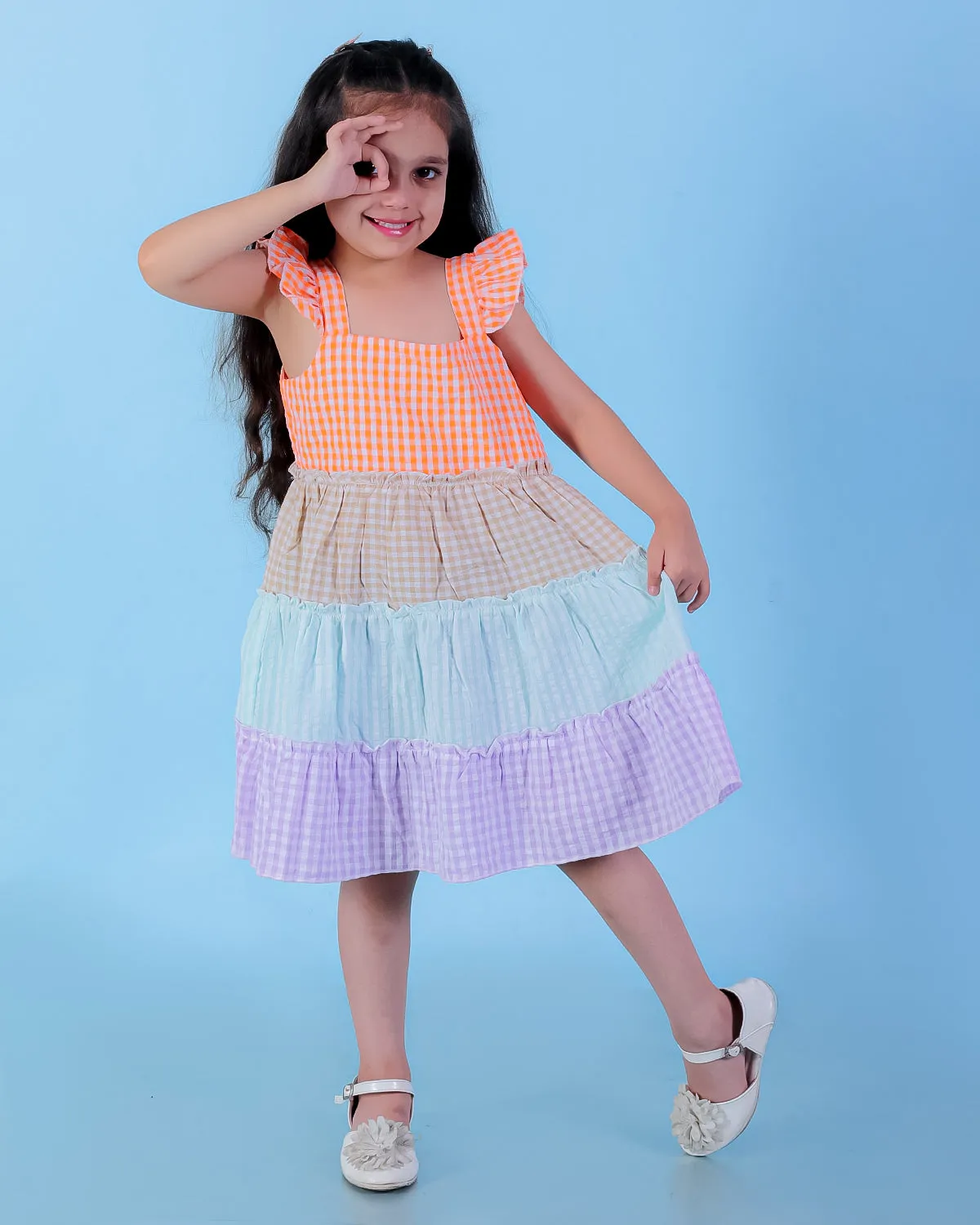 Rainbow Checkered Charm Girls Casual Dress