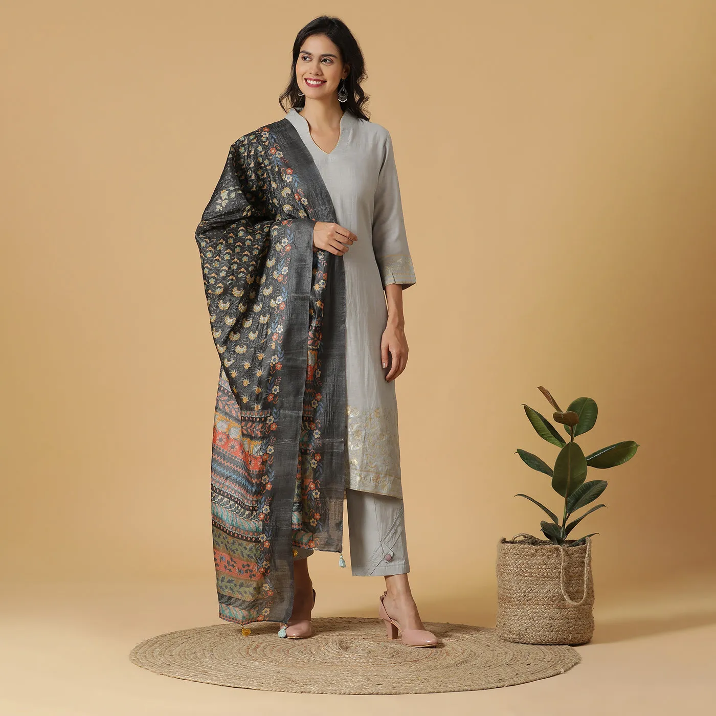 Woven Design Grey Unstitched Suit Co-ords Set